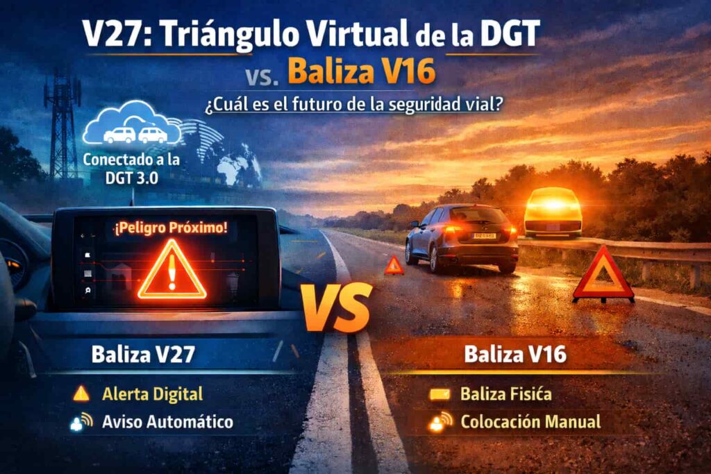 Comparativa entre la baliza V27 o triángulo virtual de la DGT y la baliza V16 obligatoria en 2026